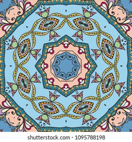 Abstract hand drawn seamless mandala pattern. Decorative stylized floral geometric background. Tribal ethnic ornate decoration. Arabic, indian, turkish ornament. Colorful repeating doodle texture