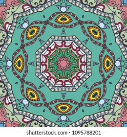Abstract hand drawn seamless mandala pattern. Decorative stylized floral geometric background. Tribal ethnic ornate decoration. Arabic, indian, turkish ornament. Colorful repeating doodle texture