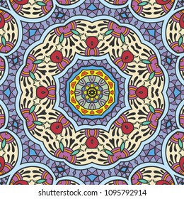 Abstract hand drawn seamless mandala pattern. Decorative stylized floral geometric background. Tribal ethnic ornate decoration. Arabic, indian, turkish ornament. Colorful repeating doodle texture