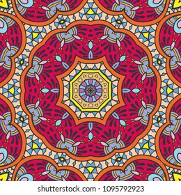 Abstract hand drawn seamless mandala pattern. Decorative stylized floral geometric background. Tribal ethnic ornate decoration. Arabic, indian, turkish ornament. Colorful repeating doodle texture