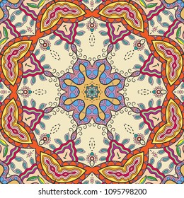 Abstract hand drawn seamless mandala pattern. Decorative stylized floral geometric background. Tribal ethnic ornate decoration. Arabic, indian, turkish ornament. Colorful repeating doodle texture