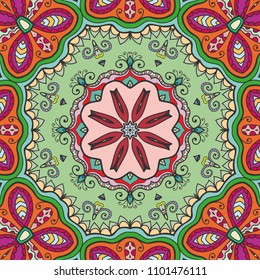 Abstract hand drawn seamless mandala pattern. Decorative stylized floral geometric background. Tribal ethnic ornate decoration. Arabic, indian, turkish ornament. Colorful repeating doodle texture