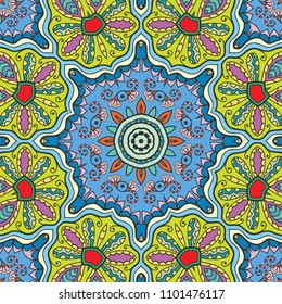 Abstract hand drawn seamless mandala pattern. Decorative stylized floral geometric background. Tribal ethnic ornate decoration. Arabic, indian, turkish ornament. Colorful repeating doodle texture