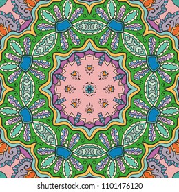 Abstract hand drawn seamless mandala pattern. Decorative stylized floral geometric background. Tribal ethnic ornate decoration. Arabic, indian, turkish ornament. Colorful repeating doodle texture