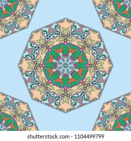 Abstract hand drawn seamless mandala pattern. Decorative stylized floral geometric background. Tribal ethnic ornate decoration. Arabic, indian, turkish ornament. Colorful repeating doodle texture