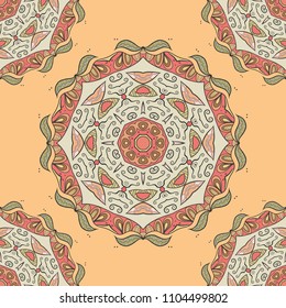 Abstract hand drawn seamless mandala pattern. Decorative stylized floral geometric background. Tribal ethnic ornate decoration. Arabic, indian, turkish ornament. Colorful repeating doodle texture