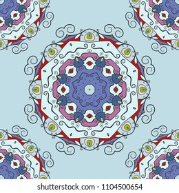 Abstract hand drawn seamless mandala pattern. Decorative stylized floral geometric background. Tribal ethnic ornate decoration. Arabic, indian, turkish ornament. Colorful repeating doodle texture