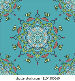 Abstract hand drawn seamless mandala pattern. Decorative stylized floral geometric background. Tribal ethnic ornate decoration. Arabic, indian, turkish ornament. Colorful repeating doodle texture