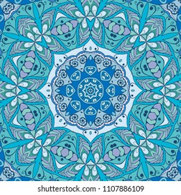 Abstract hand drawn seamless mandala pattern. Decorative stylized floral geometric background. Tribal ethnic ornate decoration. Arabic, indian, turkish ornament. Colorful repeating doodle texture