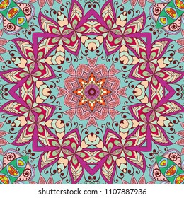 Abstract hand drawn seamless mandala pattern. Decorative stylized floral geometric background. Tribal ethnic ornate decoration. Arabic, indian, turkish ornament. Colorful repeating doodle texture