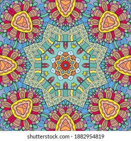 Abstract hand drawn seamless mandala pattern. Decorative stylized floral geometric background. Tribal ethnic ornate decoration. Arabic, indian, turkish ornament. Colorful repeating doodle texture