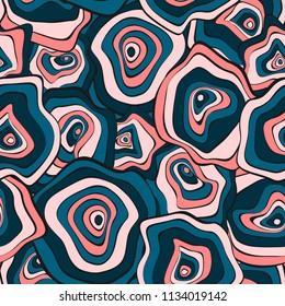 Abstract Hand Drawn Seamless Pattern with Wavy Colorful Circles in Ethnic Style. Vector Psychedelic Background with Deformed Rounds or Spots. Wavy Seamless Pattern for Fabric, Textile, Cloth Design.