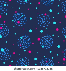 Abstract hand drawn seamless pattern with spirals and dots.