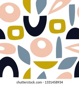 Abstract hand drawn seamless pattern with geometric elements. 70s style background. Scandinavian background. Perfect for fabrics, wallpapers, packaging and branding design. Vector illustration