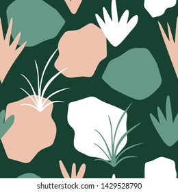 Abstract hand drawn seamless pattern. Tropical motifs. Modern jungle background. Vector illustration