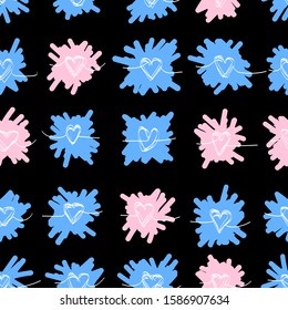 Abstract hand drawn seamless pattern blots with liner hearts isolated on black background. Vector stock outline illustration. Design textile, wallpaper, wrapping paper, fabric, print.One line doodles.