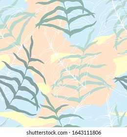 Abstract hand drawn seamless pattern of leaves, branches, circles. Colored doodle vector illustration for greeting card, invitation, wallpaper, wrapping paper, packaging.