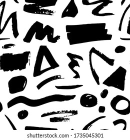 Abstract hand drawn seamless pattern. Sketch style black ink wavy lines, circles, dots and grunge swirls