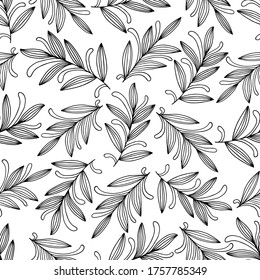 Abstract hand drawn seamless pattern of floral ornament leaves, branches, curls, flowing lines. Decorative vector illustration for greeting card, invitation, wallpaper, wrapping paper, fabric