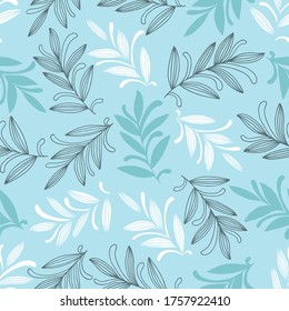 Abstract hand drawn seamless pattern of floral ornament leaves, branches, curls, flowing lines. Decorative blue vector illustration for greeting card, invitation, wallpaper, wrapping paper, fabric