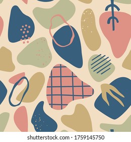 Abstract hand drawn seamless pattern, shapes for print and textile. Modern elements in doodle style. Vector illustration, isolated pattern. 