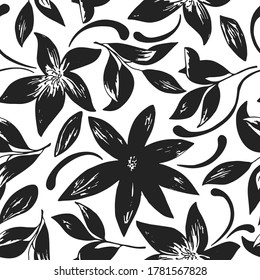 Abstract hand drawn seamless pattern of floral ornament flowers, leaves, branches, curls, flowing lines. Decorative vector illustration for greeting card, invitation, wallpaper, wrapping paper, fabric