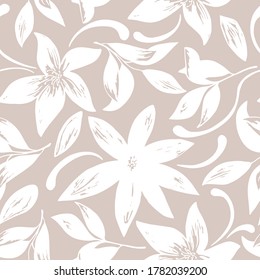 Abstract hand drawn seamless pattern of floral ornament flowers, leaves, branches, curls, flowing lines. Decorative vector illustration for greeting card, invitation, wallpaper, wrapping paper, fabric