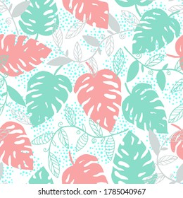 Abstract hand drawn seamless pattern of palm leaves, branches, curls, flowing lines. Colorful decorative floral doodle sketch illustration for greeting card, invitation, wallpaper, wrapping paper