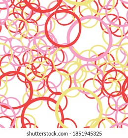 Resumen de un vector de patrón sin fisuras dibujado a mano. Rojo, color amarillo rosado delineado círculos.