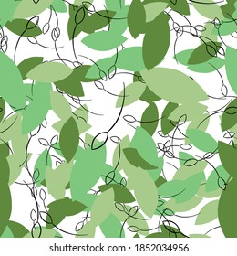 Abstract hand drawn seamless pattern vector. Green leaves