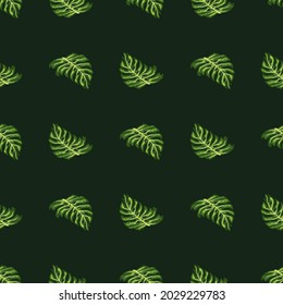 Abstract hand drawn seamless pattern with green monstera leaves print. Dark background. Vector illustration for seasonal textile prints, fabric, banners, backdrops and wallpapers.