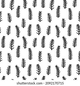 Abstract hand drawn seamless pattern with spruce twig elements. Black and white texture. Doodle style vector.