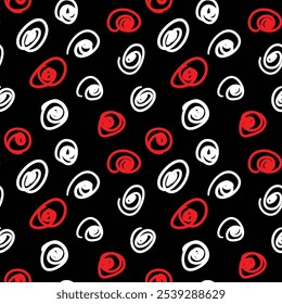 Abstract hand drawn seamless pattern. Doodle texture with red and white spirals, spots, circles, stylized roses on black background