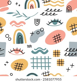 Abstract hand drawn seamless pattern. Boho, bohemian, spots, lines, rainbows, arches, eyes, heart. Vector childish doodle print with modern trendy objects. Stamp texture