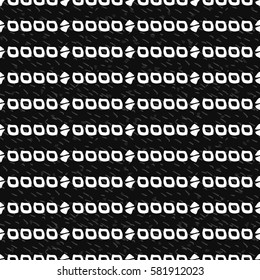Abstract hand drawn seamless pattern. Black grunge background with white stripes of simple geometric shapes.
