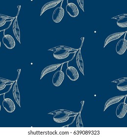 Abstract hand drawn seamless pattern with repeating branches with olives on blue background vector illustration
