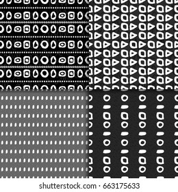 Abstract hand drawn seamless pattern set. Black and white grunge background with simple geometric shapes.