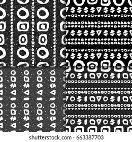 Abstract hand drawn seamless pattern set. Black and white grunge background with simple geometric shapes.