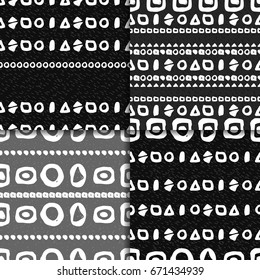 Abstract hand drawn seamless pattern set. Black and white grunge background with simple geometric shapes.