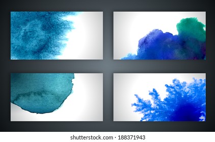 Abstract hand drawn set of blue watercolor backgrounds. Vector illustration.