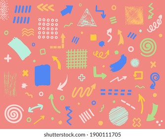 Abstract hand drawn set. Seamless pattern with sketchy doodle arrows, direction pointers and freehand colorful lines, spirals, curves, dots. Brush stroke style. Vector illustration