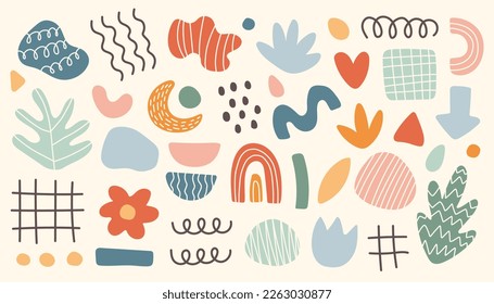 Abstract hand drawn set various shapes and doodle objects. Abstract contemporary modern trendy vector. Isolated EPS10