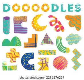 Abstract hand drawn set various shapes and doodle objects illustration. Crayon style design elements.