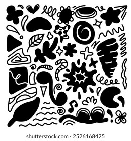 Abstract hand drawn set various shapes and doodle objects. Creative modern design.