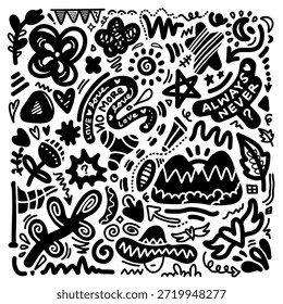 Abstractas dibujado a mano conjunto de varias Formas y objetos doodle. Diseño moderno creativo.