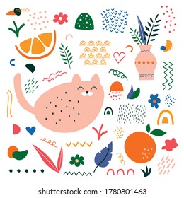 Resumen de formas dibujadas a mano. Gran conjunto de objetos de doodle contemporáneos, elementos modernos y aislados. Ilustración vectorial.