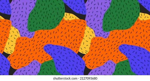 Abstract hand drawn shapes doodle seamless pattern. Fun retro background illustration. Marker drawing in bright colorful style.