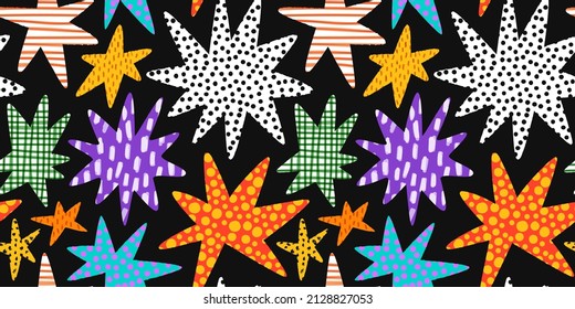 Abstract hand drawn shapes doodle seamless pattern. Fun retro background illustration. Marker drawing in bright colorful style.