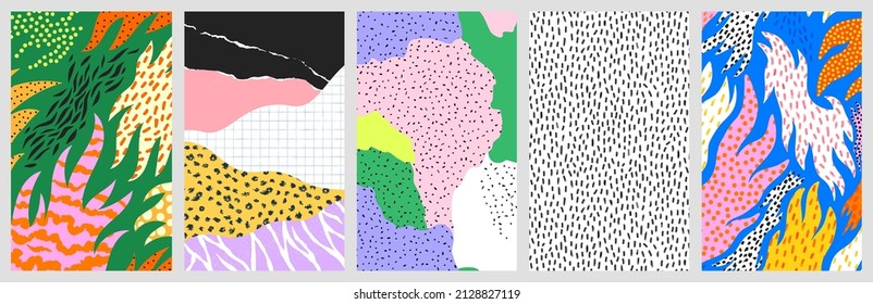 Abstract hand drawn shapes doodle background set. Fun phone template illustration collection. Marker drawing in bright colorful style, children scrapbook, gold glitter design.