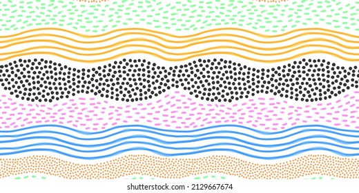 Abstract hand drawn shapes doodle seamless pattern. Fun children art background illustration. Color pencil drawing in bright colorful style.